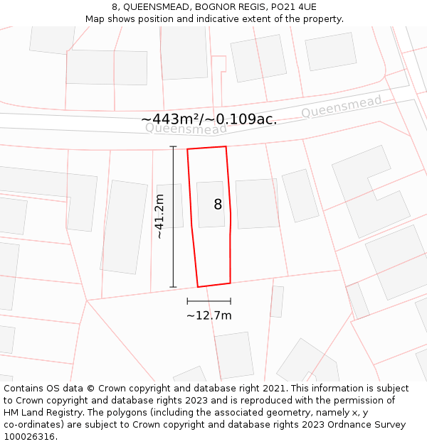 8, QUEENSMEAD, BOGNOR REGIS, PO21 4UE: Plot and title map