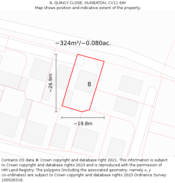 8, QUINCY CLOSE, NUNEATON, CV11 6AY: Plot and title map