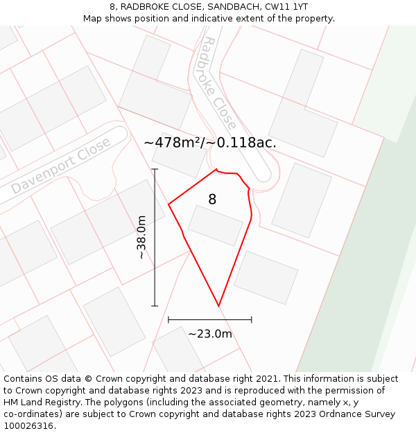 8, RADBROKE CLOSE, SANDBACH, CW11 1YT: Plot and title map