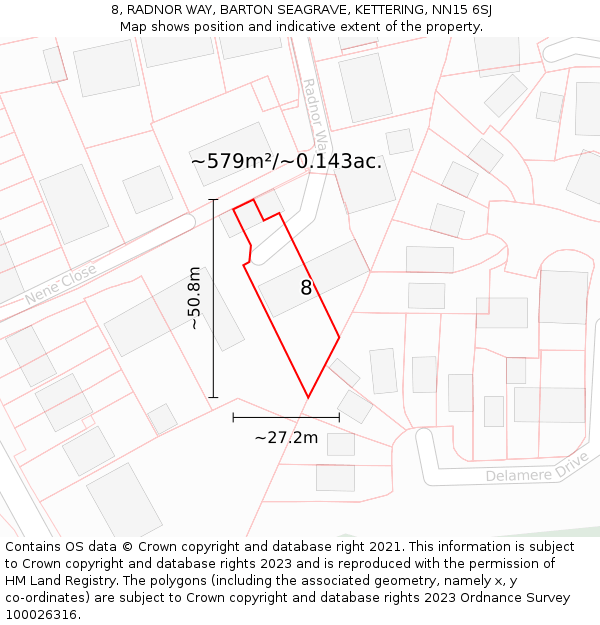 8, RADNOR WAY, BARTON SEAGRAVE, KETTERING, NN15 6SJ: Plot and title map