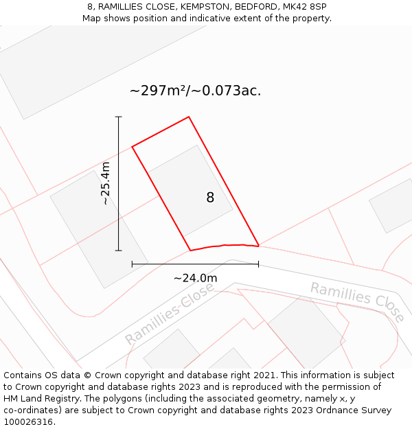 8, RAMILLIES CLOSE, KEMPSTON, BEDFORD, MK42 8SP: Plot and title map