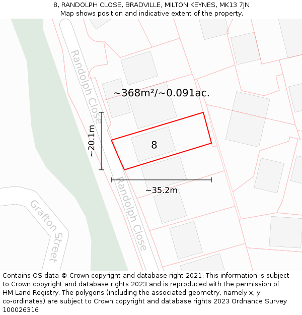 8, RANDOLPH CLOSE, BRADVILLE, MILTON KEYNES, MK13 7JN: Plot and title map