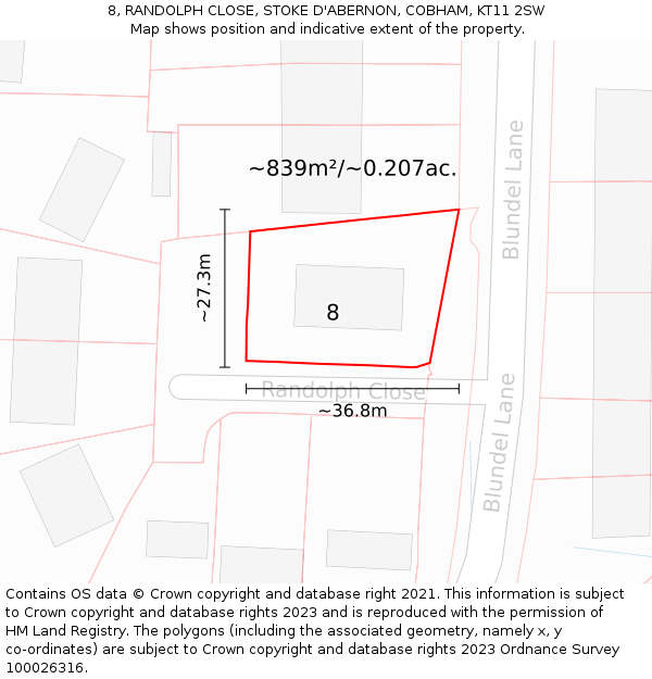 8, RANDOLPH CLOSE, STOKE D'ABERNON, COBHAM, KT11 2SW: Plot and title map