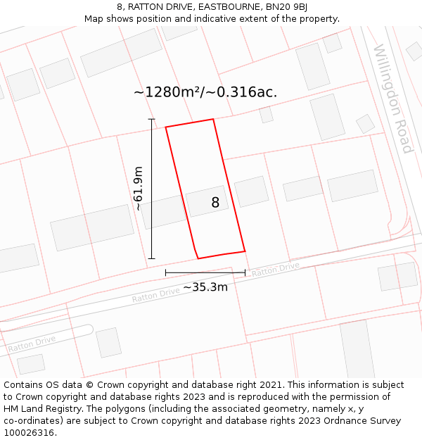 8, RATTON DRIVE, EASTBOURNE, BN20 9BJ: Plot and title map