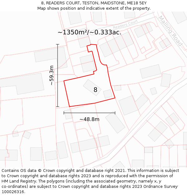 8, READERS COURT, TESTON, MAIDSTONE, ME18 5EY: Plot and title map