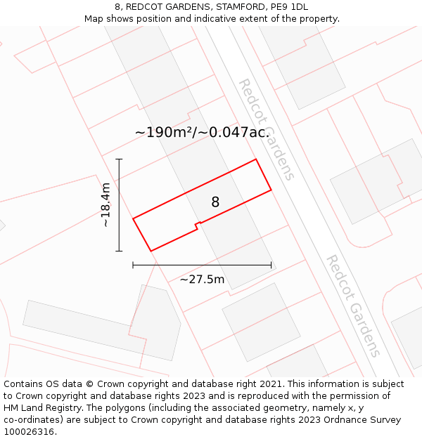 8, REDCOT GARDENS, STAMFORD, PE9 1DL: Plot and title map