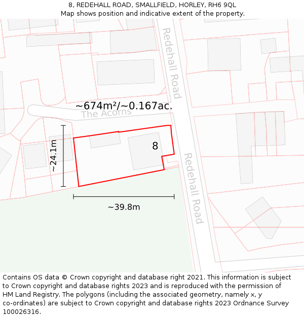 8, REDEHALL ROAD, SMALLFIELD, HORLEY, RH6 9QL: Plot and title map