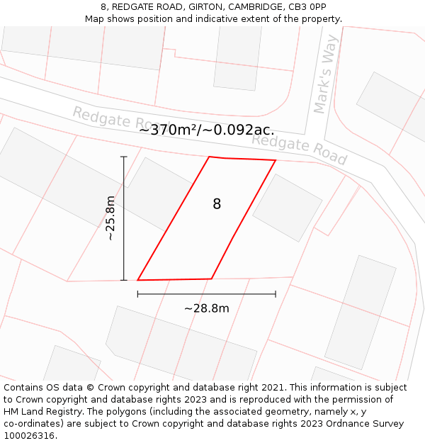 8, REDGATE ROAD, GIRTON, CAMBRIDGE, CB3 0PP: Plot and title map