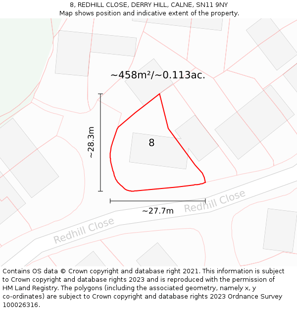 8, REDHILL CLOSE, DERRY HILL, CALNE, SN11 9NY: Plot and title map