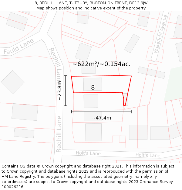 8, REDHILL LANE, TUTBURY, BURTON-ON-TRENT, DE13 9JW: Plot and title map