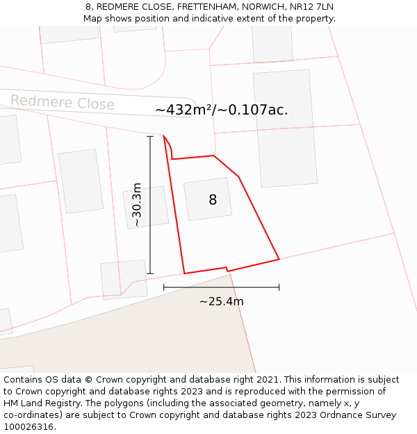 8, REDMERE CLOSE, FRETTENHAM, NORWICH, NR12 7LN: Plot and title map