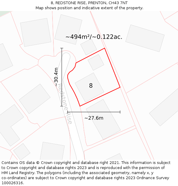 8, REDSTONE RISE, PRENTON, CH43 7NT: Plot and title map