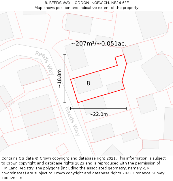 8, REEDS WAY, LODDON, NORWICH, NR14 6FE: Plot and title map