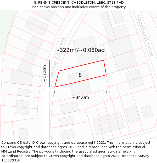 8, RENNIE CRESCENT, CHEDDLETON, LEEK, ST13 7HD: Plot and title map