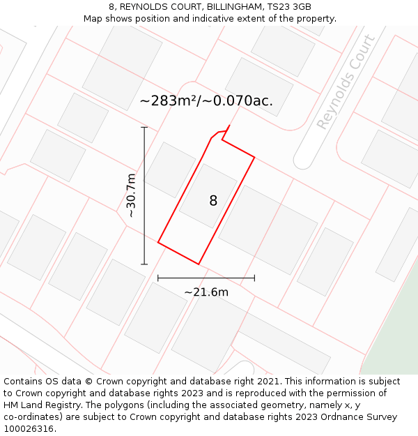 8, REYNOLDS COURT, BILLINGHAM, TS23 3GB: Plot and title map