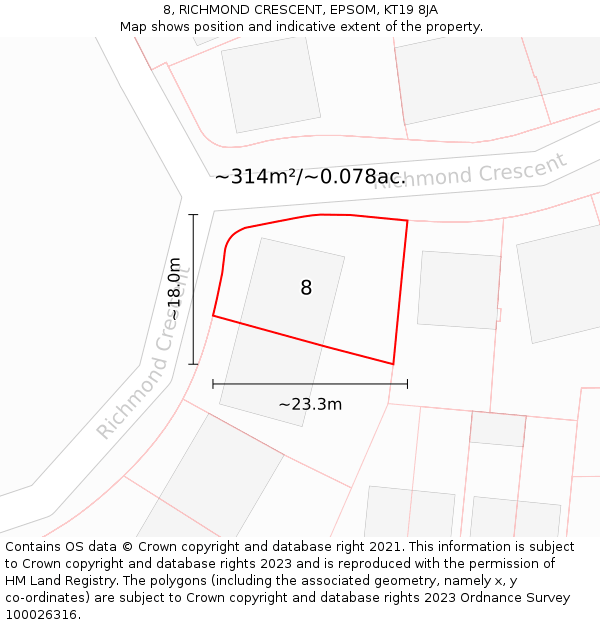 8, RICHMOND CRESCENT, EPSOM, KT19 8JA: Plot and title map