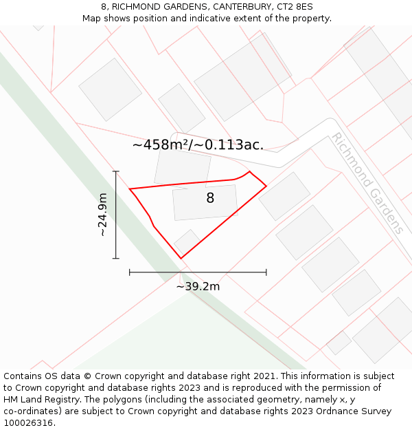 8, RICHMOND GARDENS, CANTERBURY, CT2 8ES: Plot and title map