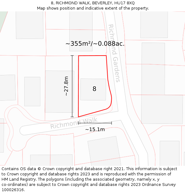 8, RICHMOND WALK, BEVERLEY, HU17 8XQ: Plot and title map