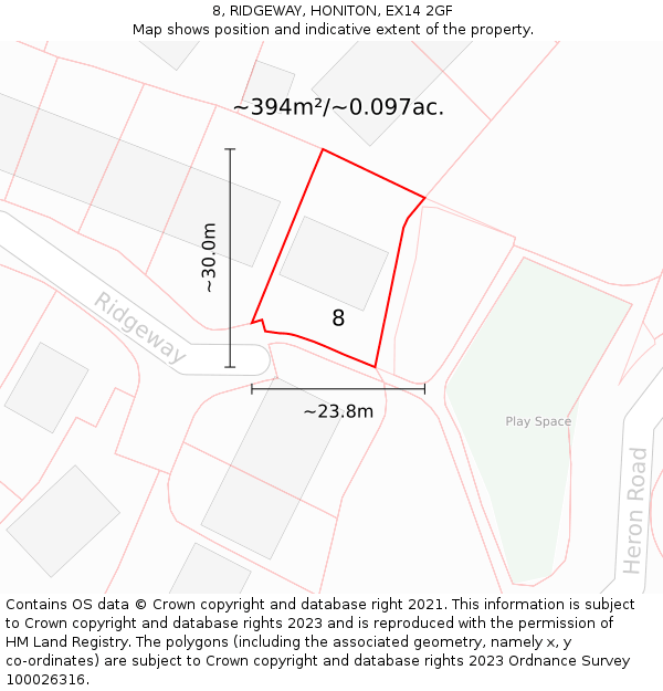 8, RIDGEWAY, HONITON, EX14 2GF: Plot and title map