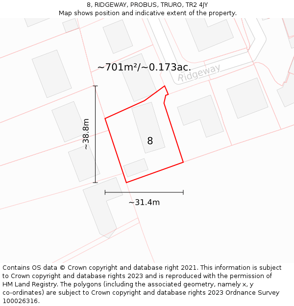 8, RIDGEWAY, PROBUS, TRURO, TR2 4JY: Plot and title map