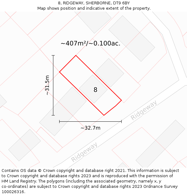 8, RIDGEWAY, SHERBORNE, DT9 6BY: Plot and title map