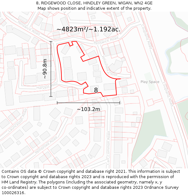 8, RIDGEWOOD CLOSE, HINDLEY GREEN, WIGAN, WN2 4GE: Plot and title map