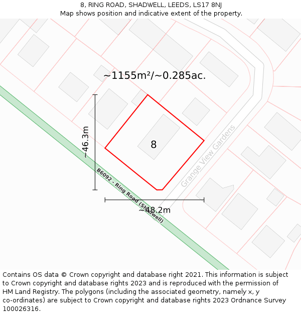 8, RING ROAD, SHADWELL, LEEDS, LS17 8NJ: Plot and title map