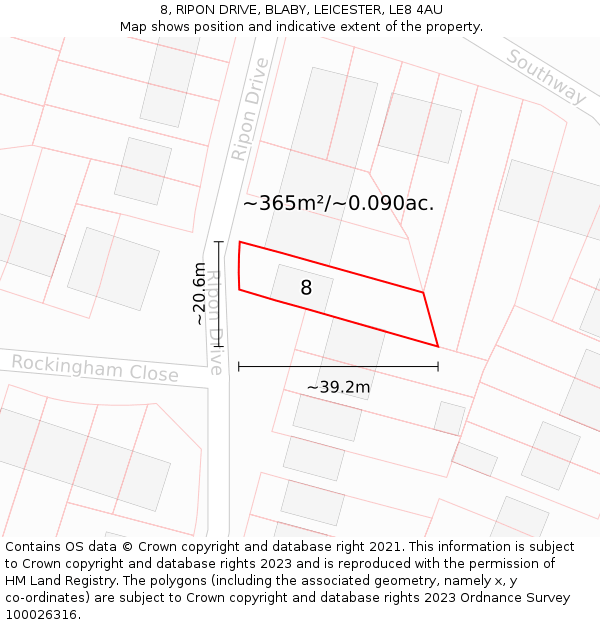 8, RIPON DRIVE, BLABY, LEICESTER, LE8 4AU: Plot and title map