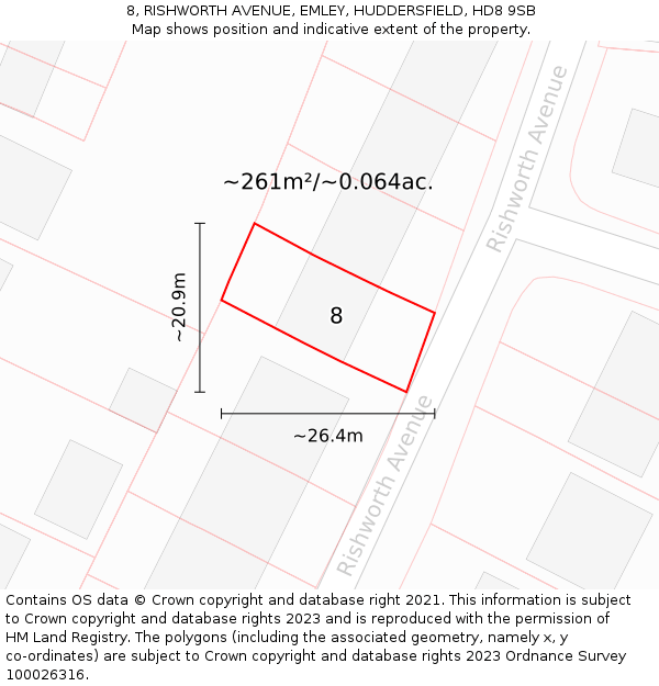 8, RISHWORTH AVENUE, EMLEY, HUDDERSFIELD, HD8 9SB: Plot and title map