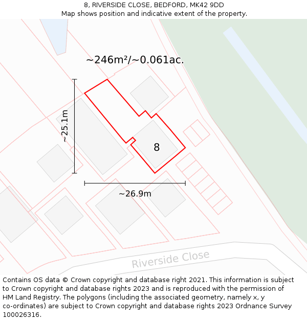 8, RIVERSIDE CLOSE, BEDFORD, MK42 9DD: Plot and title map