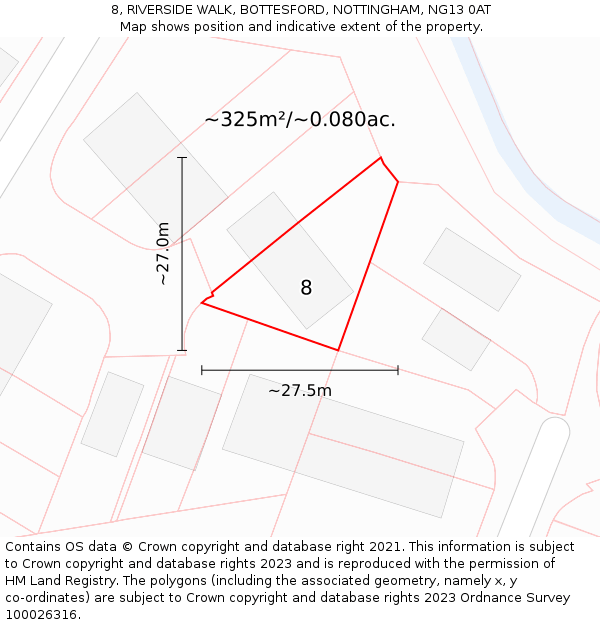 8, RIVERSIDE WALK, BOTTESFORD, NOTTINGHAM, NG13 0AT: Plot and title map