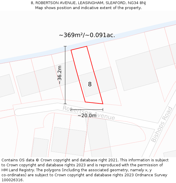 8, ROBERTSON AVENUE, LEASINGHAM, SLEAFORD, NG34 8NJ: Plot and title map