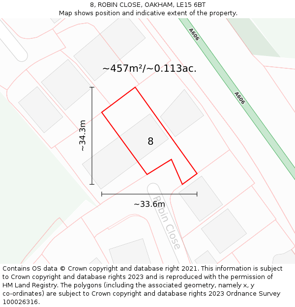 8, ROBIN CLOSE, OAKHAM, LE15 6BT: Plot and title map
