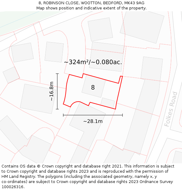 8, ROBINSON CLOSE, WOOTTON, BEDFORD, MK43 9AG: Plot and title map