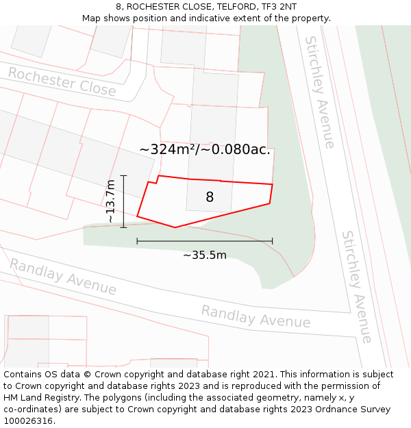 8, ROCHESTER CLOSE, TELFORD, TF3 2NT: Plot and title map