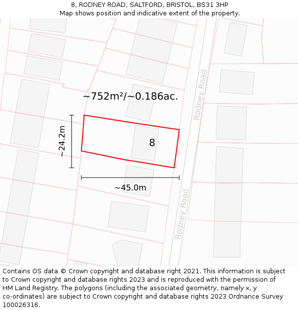 8, RODNEY ROAD, SALTFORD, BRISTOL, BS31 3HP: Plot and title map