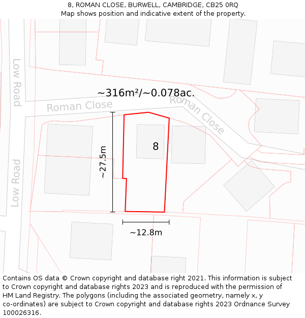 8, ROMAN CLOSE, BURWELL, CAMBRIDGE, CB25 0RQ: Plot and title map