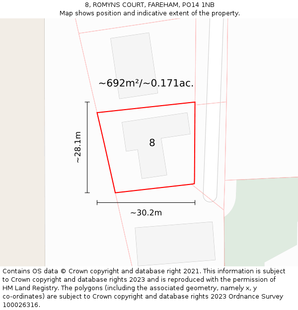 8, ROMYNS COURT, FAREHAM, PO14 1NB: Plot and title map