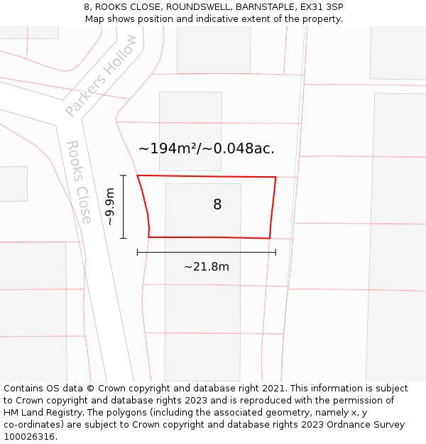8, ROOKS CLOSE, ROUNDSWELL, BARNSTAPLE, EX31 3SP: Plot and title map