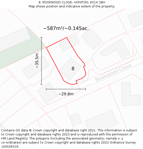 8, ROOKWOOD CLOSE, HONITON, EX14 1BH: Plot and title map