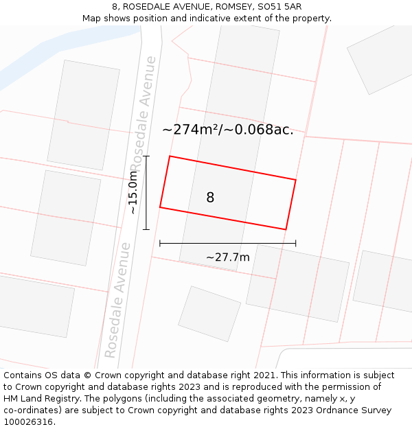 8, ROSEDALE AVENUE, ROMSEY, SO51 5AR: Plot and title map