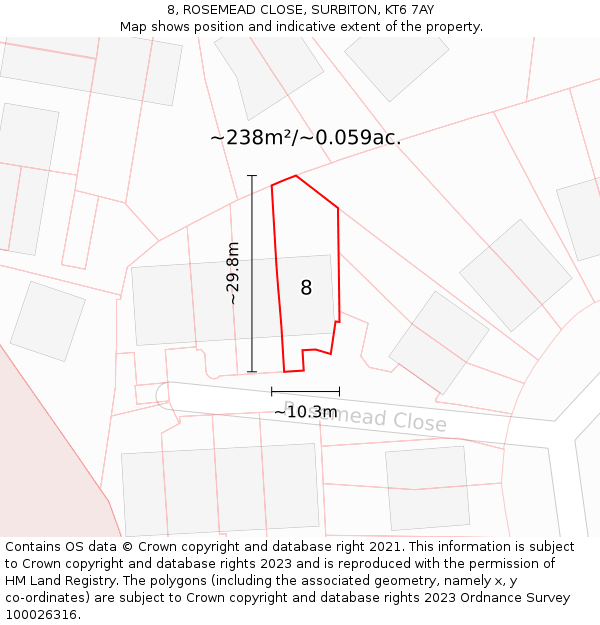 8, ROSEMEAD CLOSE, SURBITON, KT6 7AY: Plot and title map