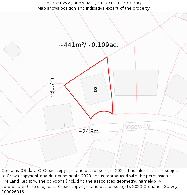 8, ROSEWAY, BRAMHALL, STOCKPORT, SK7 3BQ: Plot and title map