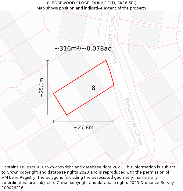 8, ROSEWOOD CLOSE, DUKINFIELD, SK16 5RQ: Plot and title map