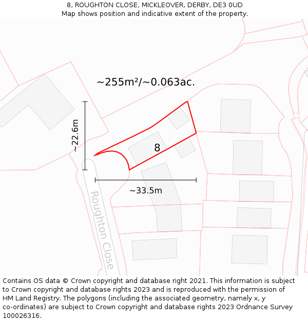8, ROUGHTON CLOSE, MICKLEOVER, DERBY, DE3 0UD: Plot and title map