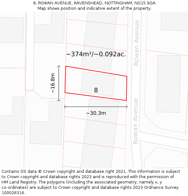8, ROWAN AVENUE, RAVENSHEAD, NOTTINGHAM, NG15 9GA: Plot and title map