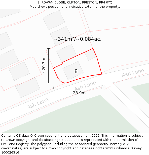 8, ROWAN CLOSE, CLIFTON, PRESTON, PR4 0YQ: Plot and title map