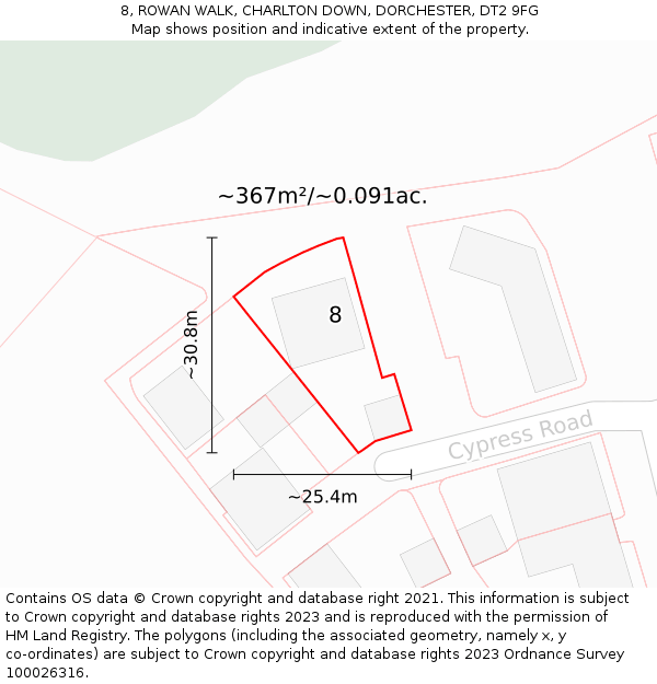 8, ROWAN WALK, CHARLTON DOWN, DORCHESTER, DT2 9FG: Plot and title map