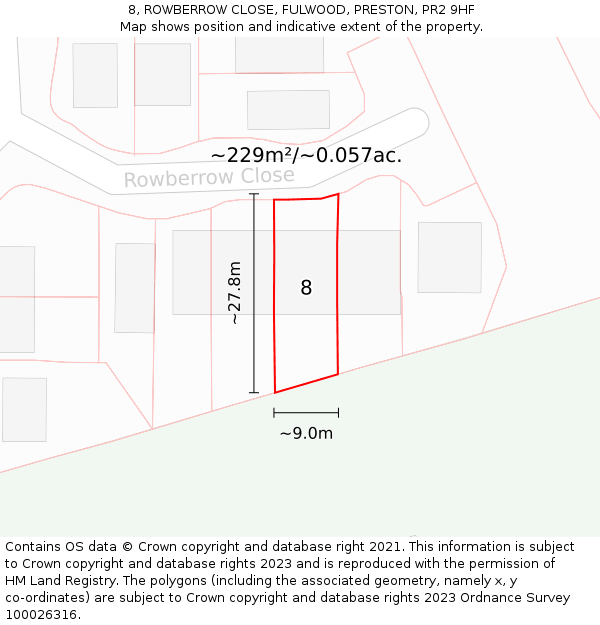 8, ROWBERROW CLOSE, FULWOOD, PRESTON, PR2 9HF: Plot and title map