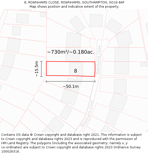 8, ROWNHAMS CLOSE, ROWNHAMS, SOUTHAMPTON, SO16 8AF: Plot and title map